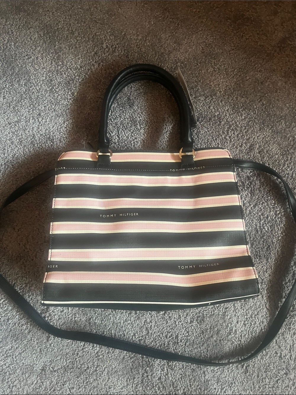 Tommy Hilfiger Black and Pink Striped Satchel Tote